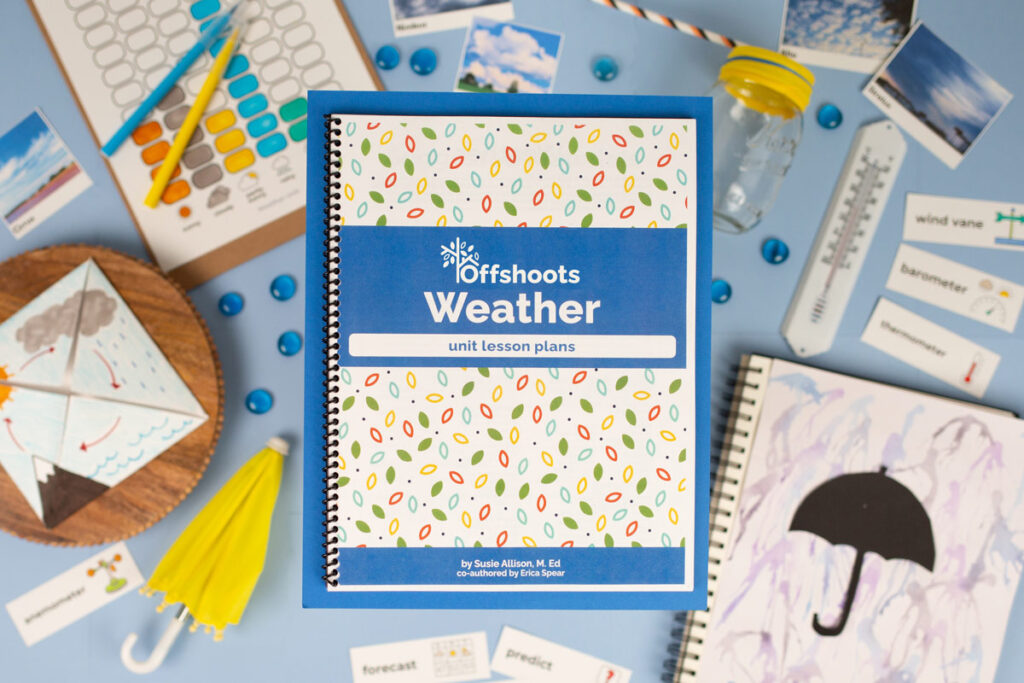 Overhead shot of a curriculum on blue paper with weath-related objects, toys, and artwork around it.