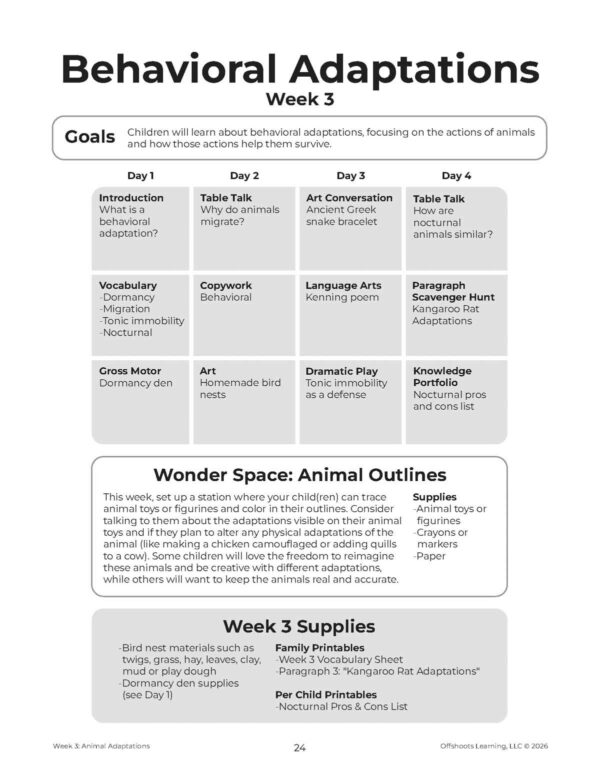 Animal Adaptations Week grid Animal Adaptations Week grid